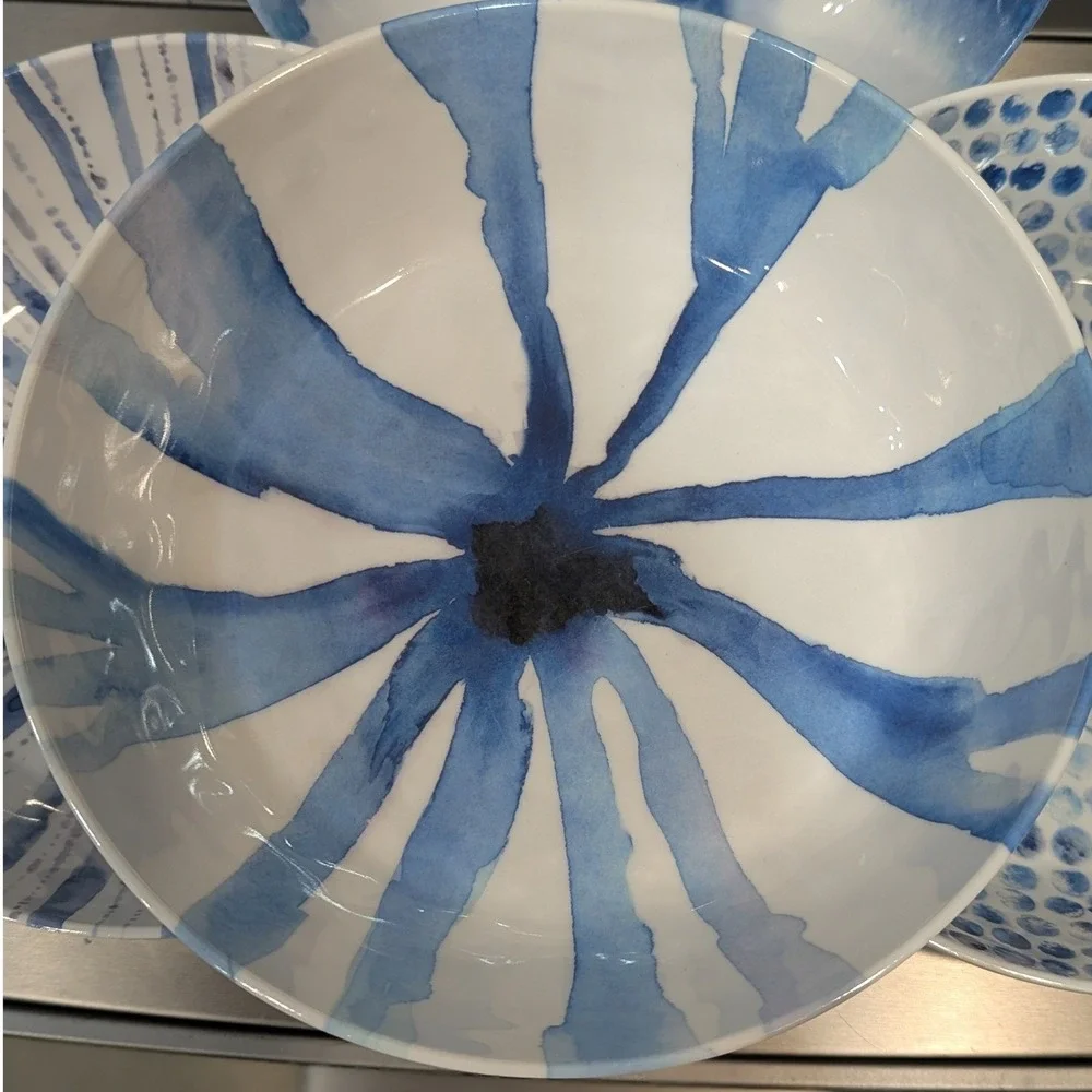 Max Studio Home Melamine Pasta Bowl Set 4 Blue White Watercolor Abstract Dot 8in